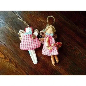 1995 Kurt S. Adler 7" Angel Ornaments Vintage Wood Decor red plaid Christmas 90s